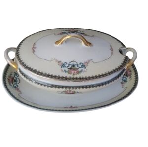 1920s Morimura Noritake China CALAIS Covered Gravy Boat w/ Attached Plate